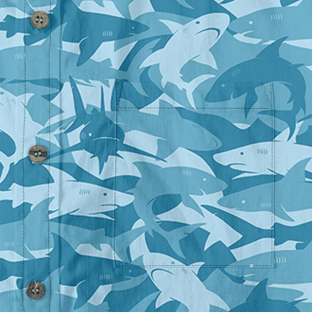 Blue Shark Print Men Button Down Hawaiian Shirt Cotton