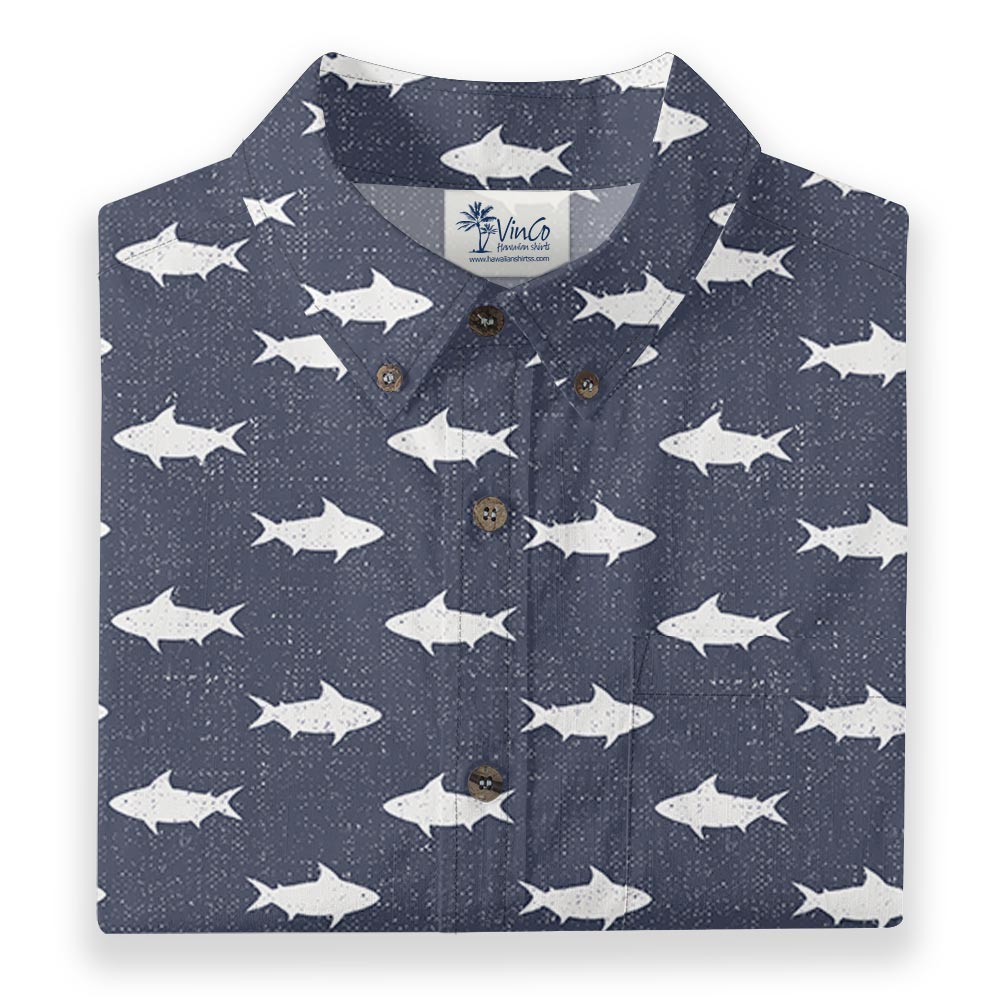 Navy Shark Cotton Men's Button Down Shirt Short Sleeve