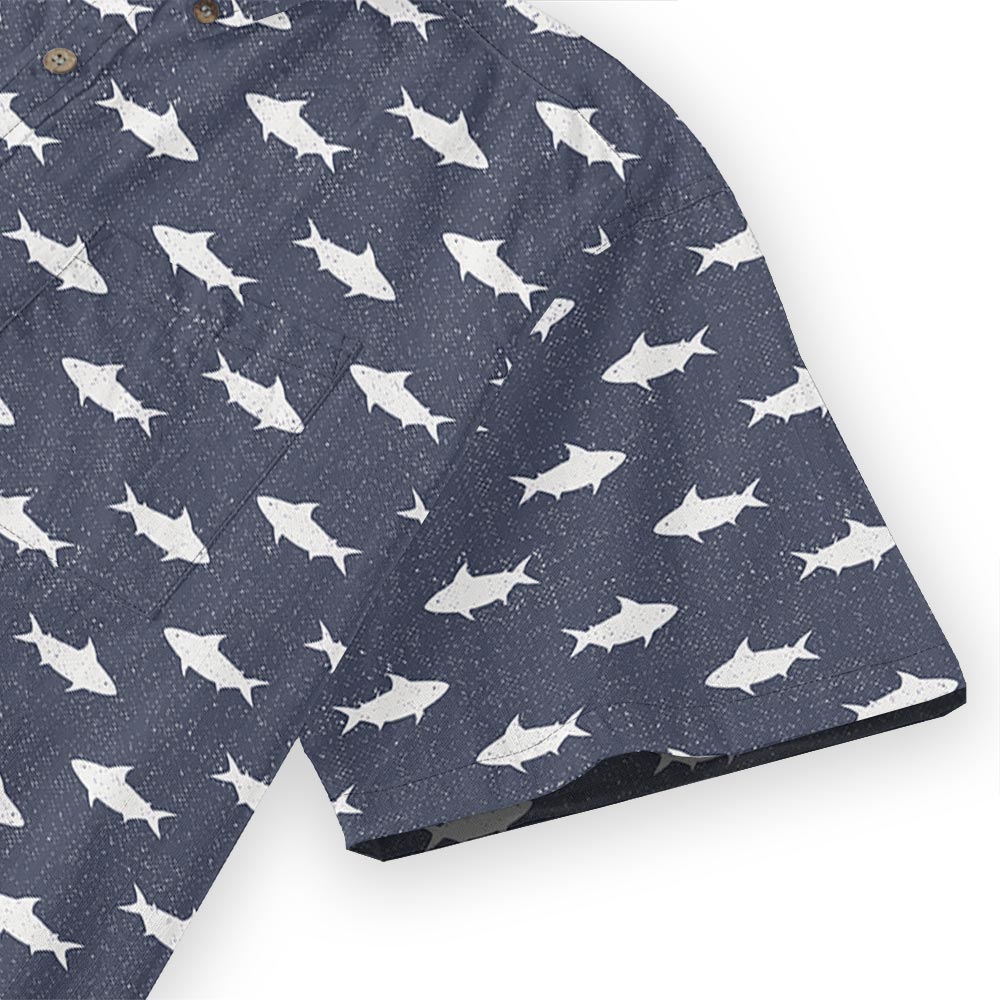 Navy Shark Cotton Men's Button Down Shirt Short Sleeve