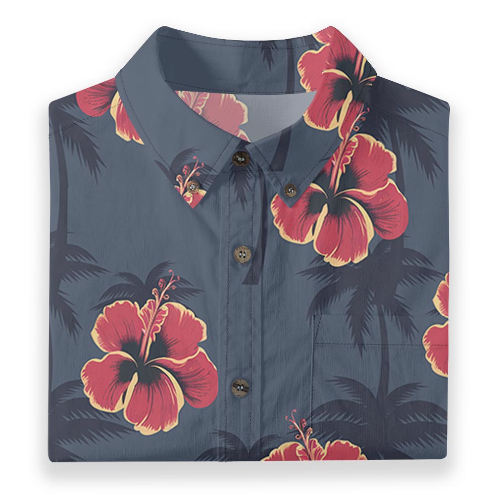 Red Hibiscus Navy Cotton Button-Down Aloha Shirt
