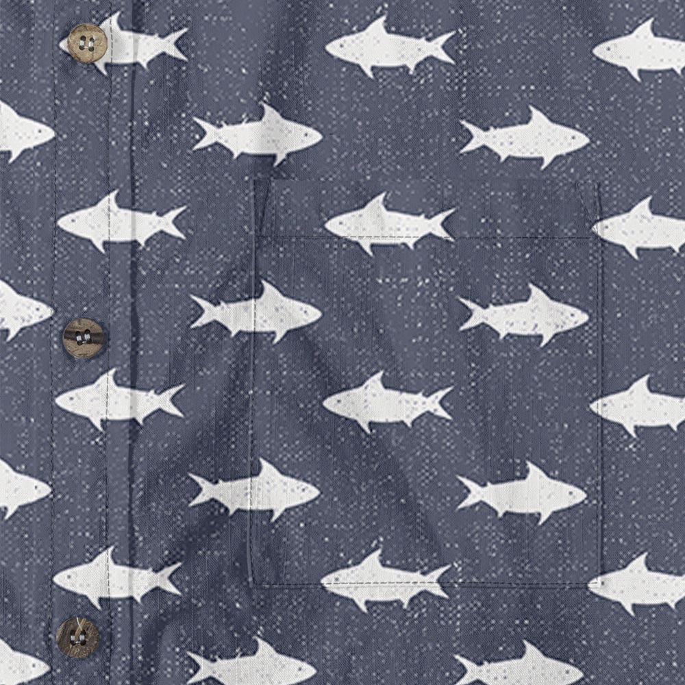 Navy Shark Cotton Men's Button Down Shirt Short Sleeve