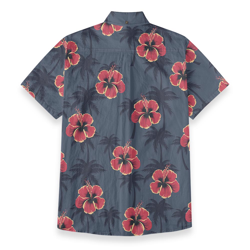 Red Hibiscus Navy Cotton Button-Down Aloha Shirt