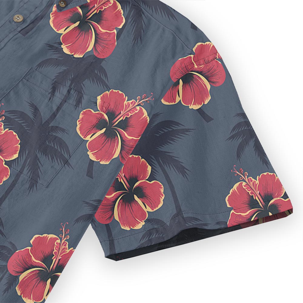 Red Hibiscus Navy Cotton Button-Down Aloha Shirt