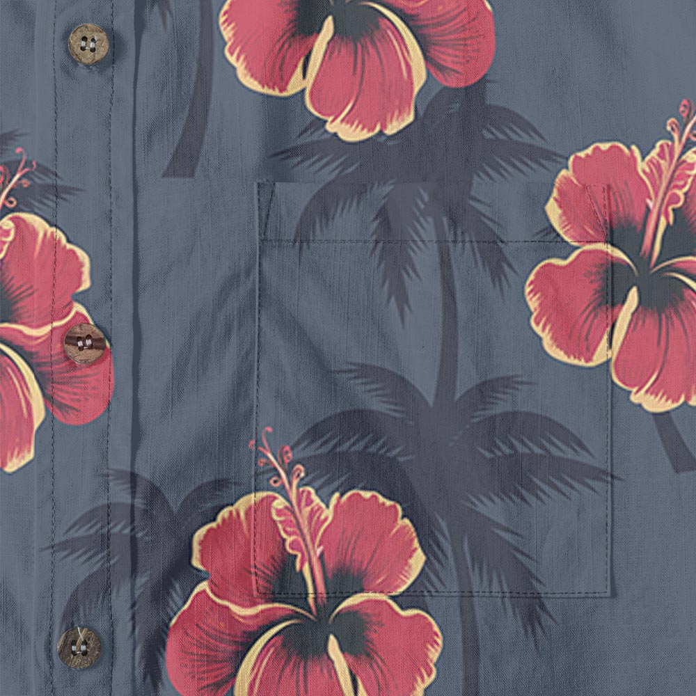 Red Hibiscus Navy Cotton Button-Down Aloha Shirt
