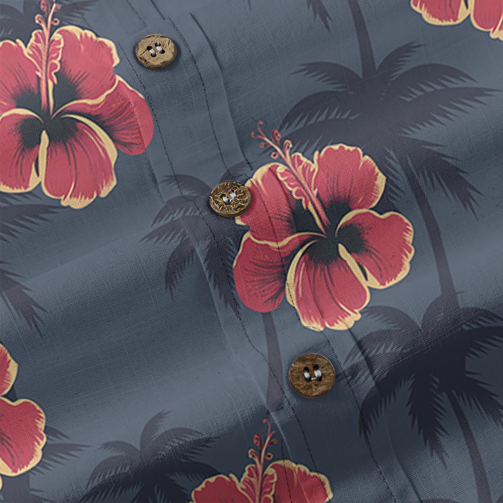 Red Hibiscus Navy Cotton Button-Down Aloha Shirt
