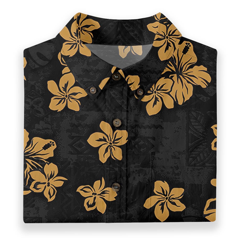 Classic Hibiscus Black Button Down Shirt Premium Cotton