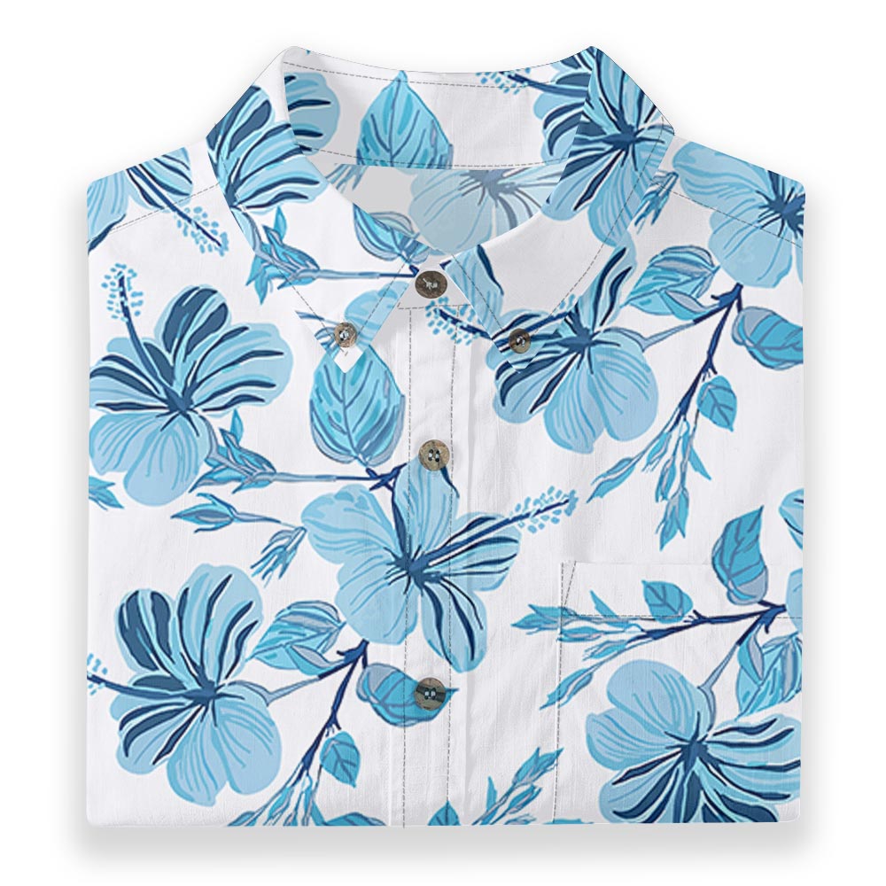 Blue Hibiscus Cotton Button Down White Hawaiian Shirt