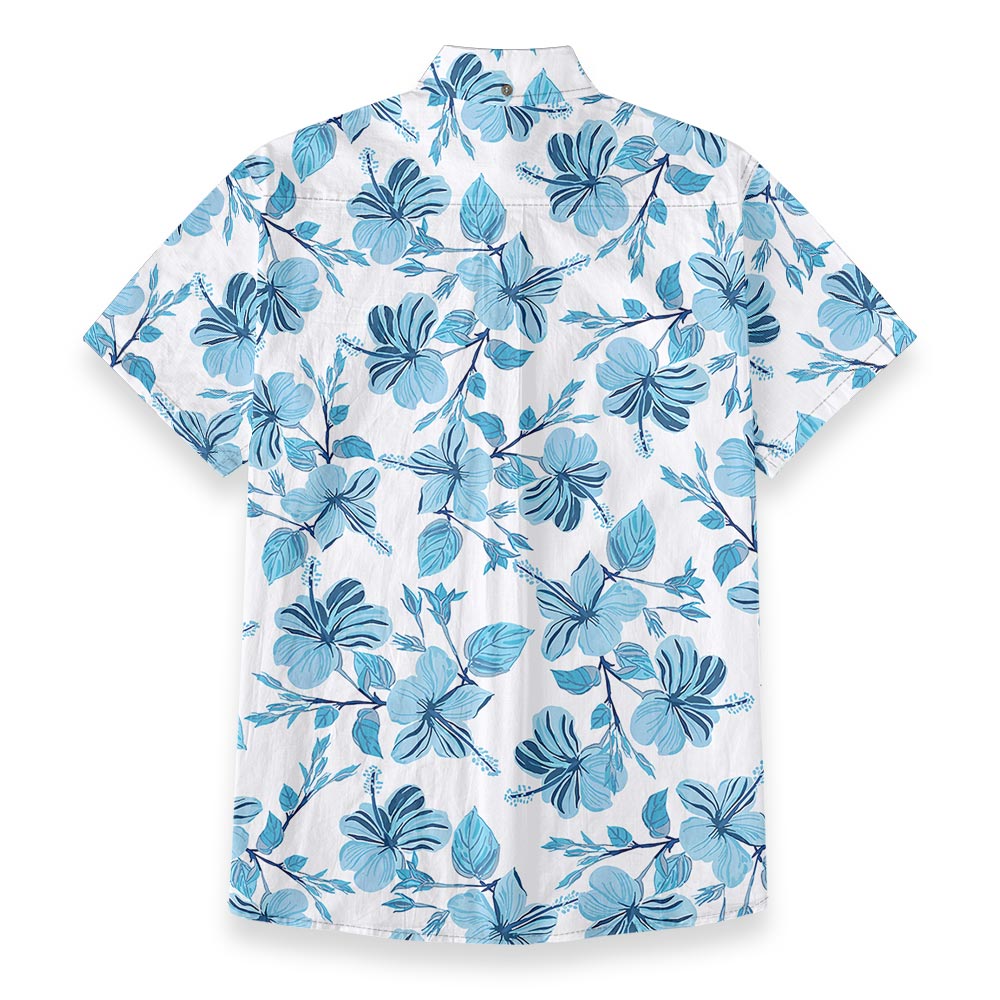 Blue Hibiscus Cotton Button Down White Hawaiian Shirt