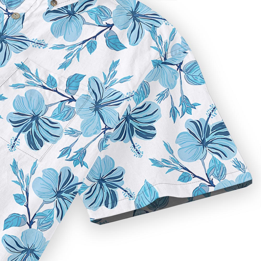 Blue Hibiscus Cotton Button Down White Hawaiian Shirt