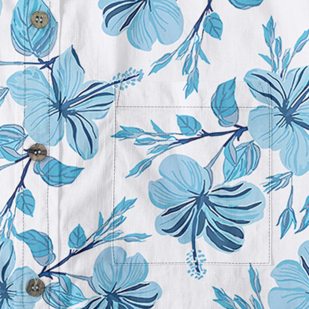 Blue Hibiscus Cotton Button Down White Hawaiian Shirt