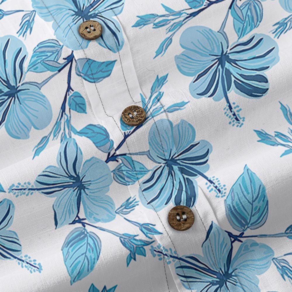Blue Hibiscus Cotton Button Down White Hawaiian Shirt