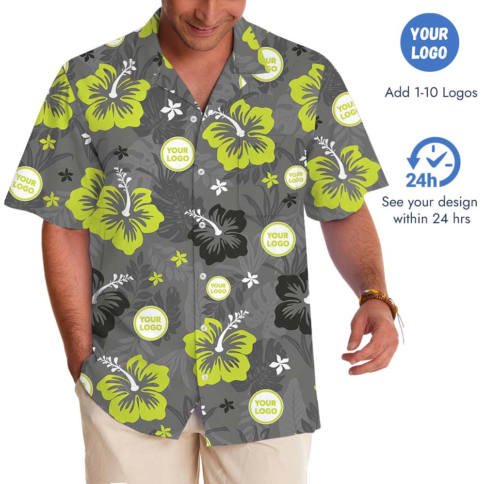 Gray Neon Floral Hawaiian Shirt With Custom Logo And Preview