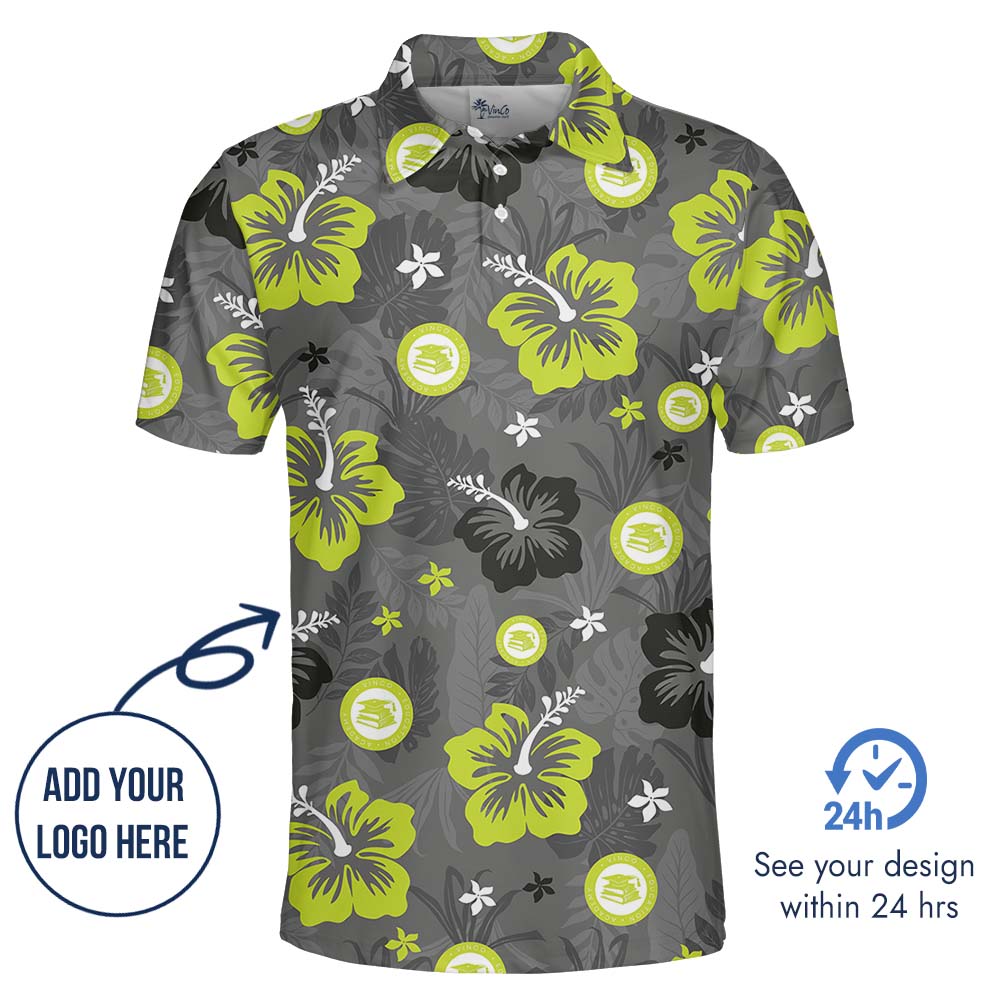 Gray Neon Floral Collared Polo Shirt With Company Logo