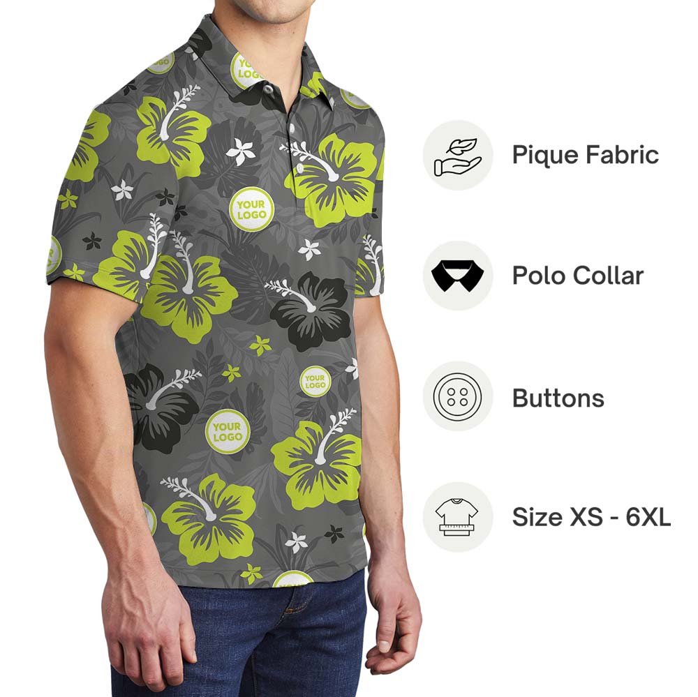 Gray Neon Floral Collared Polo Shirt With Company Logo