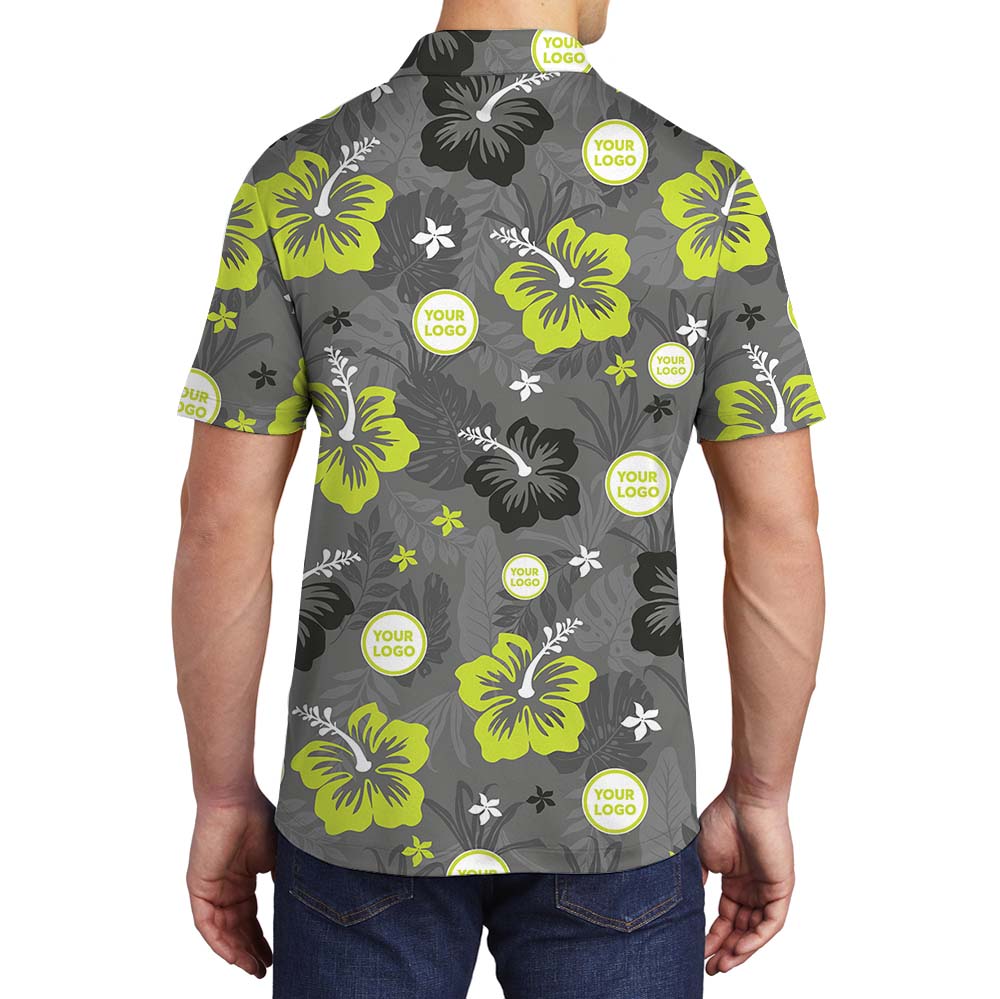 Gray Neon Floral Collared Polo Shirt With Company Logo