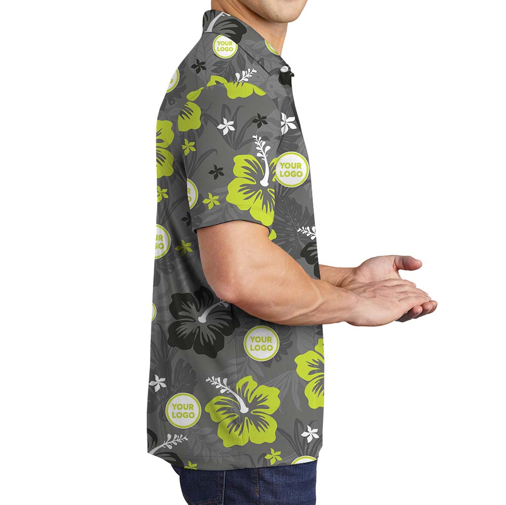 Gray Neon Floral Collared Polo Shirt With Company Logo