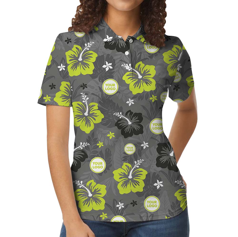 Gray Neon Floral Collared Polo Shirt With Company Logo