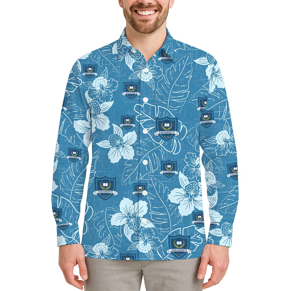 Blue Floral Long Sleeve Hawaiian Shirt With Custom Logo - variant image 1