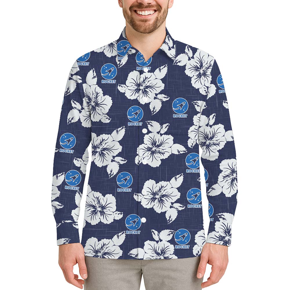 Long Sleeve Navy Hawaiian Shirt With Logo And Pocket - variant image 1