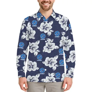 Long Sleeve Navy Hawaiian Shirt With Logo And Pocket