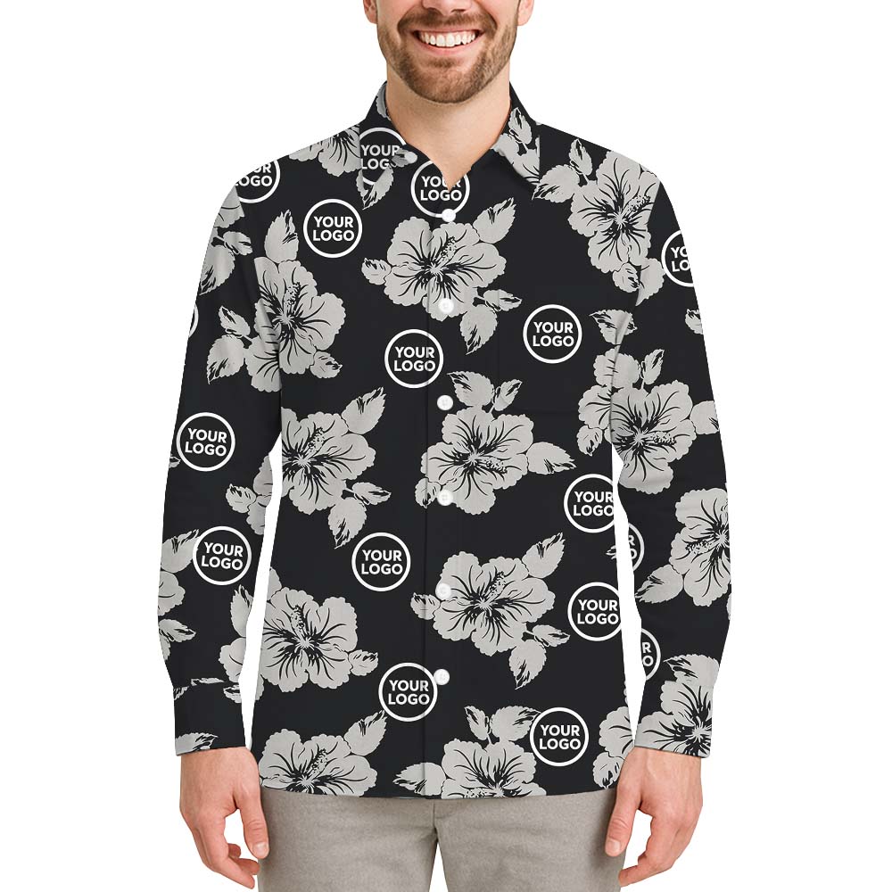 Floral Black And Gray Long Sleeve Hawaiian Shirt With Logo - variant image 1