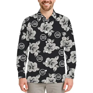 Floral Black And Gray Long Sleeve Hawaiian Shirt With Logo