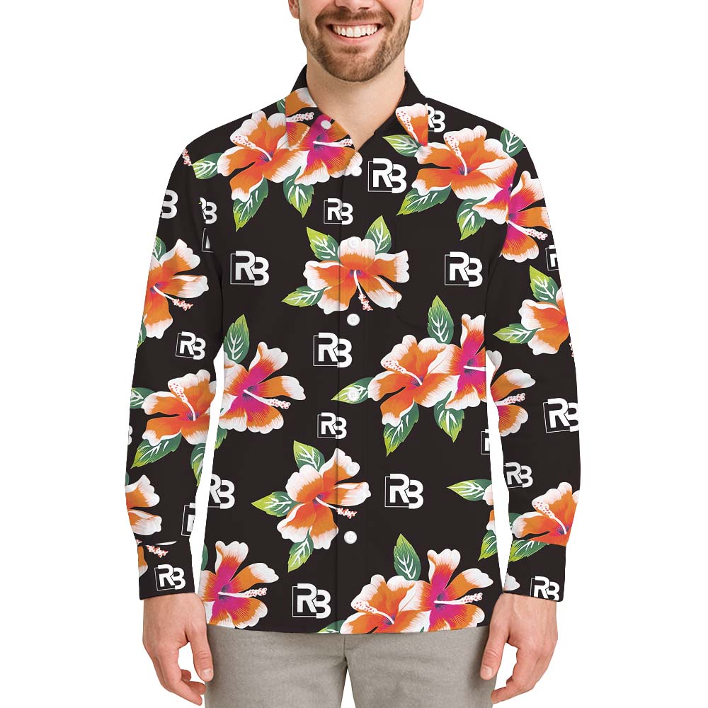 Vintage Floral Long Sleeve Black Hawaiian Shirt With Logo - variant image 1
