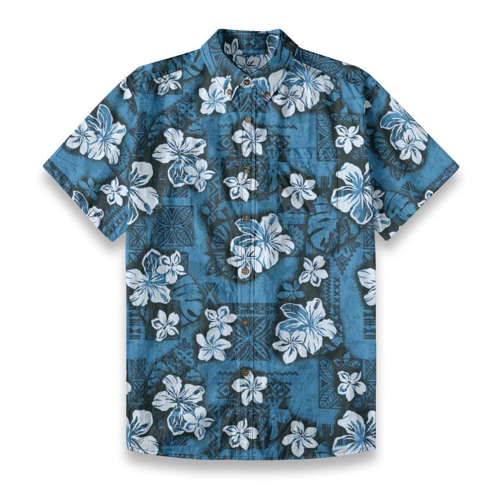 Classic Navy Blue Cotton Hawaiian Shirt Button Down - variant image 1