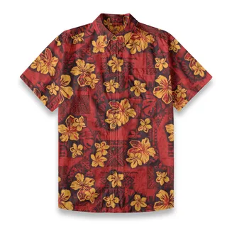 Vintage Red Cotton Men's Button Down Hawaiian Shirt
