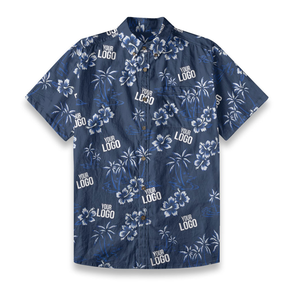 Custom Logo Hibiscus Navy Button Down Hawaiian Shirt Cotton - variant image 1