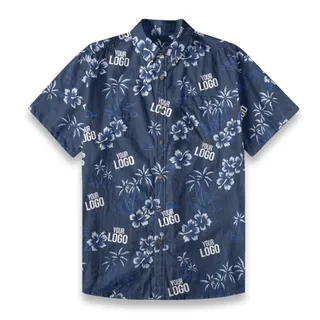 Custom Logo Hibiscus Navy Button Down Hawaiian Shirt Cotton