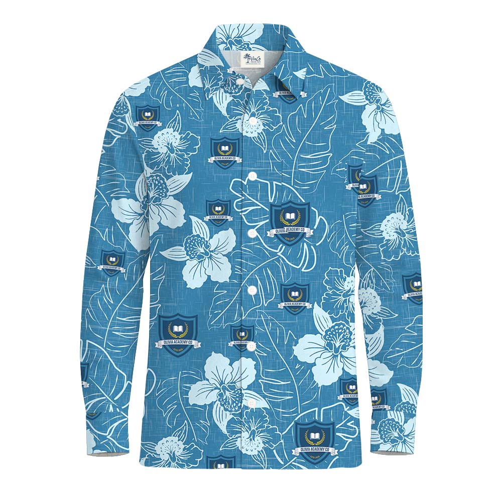 Blue Floral Long Sleeve Hawaiian Shirt With Custom Logo