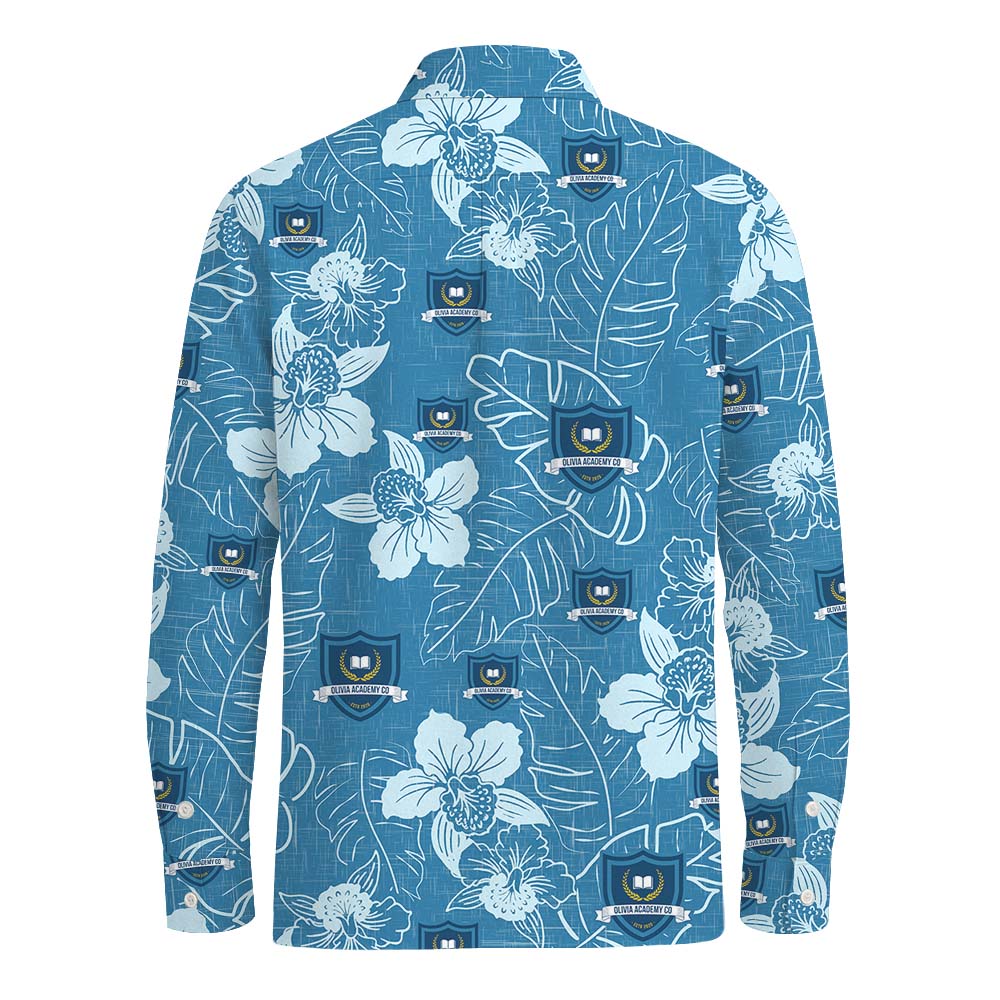Blue Floral Long Sleeve Hawaiian Shirt With Custom Logo