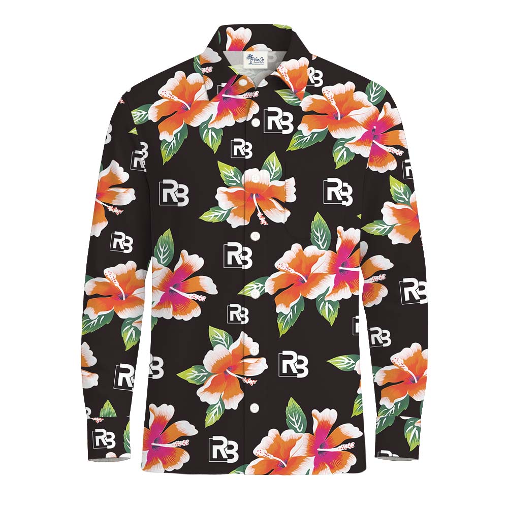 Vintage Floral Long Sleeve Black Hawaiian Shirt With Logo