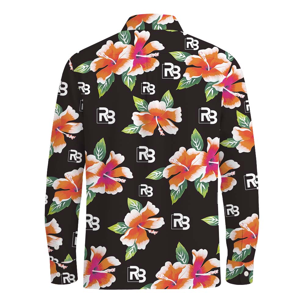 Vintage Floral Long Sleeve Black Hawaiian Shirt With Logo