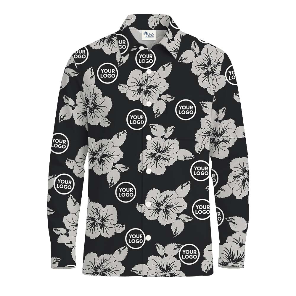 Floral Black And Gray Long Sleeve Hawaiian Shirt With Logo