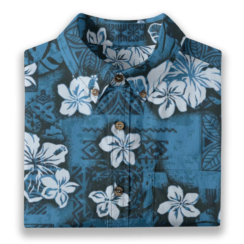 Classic Navy Blue Cotton Hawaiian Shirt Button Down