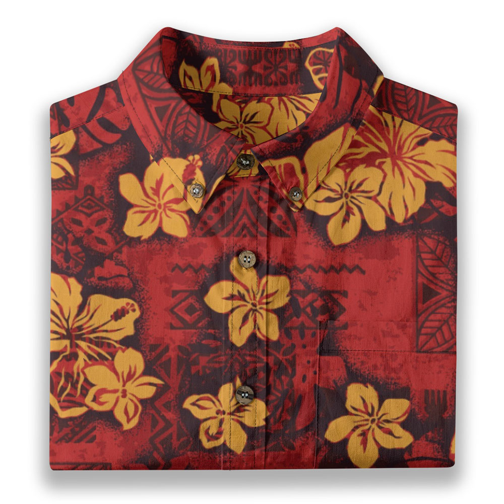 Vintage Red Cotton Men's Button Down Hawaiian Shirt