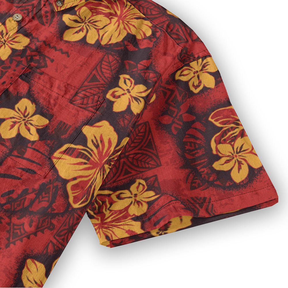 Vintage Red Cotton Men's Button Down Hawaiian Shirt
