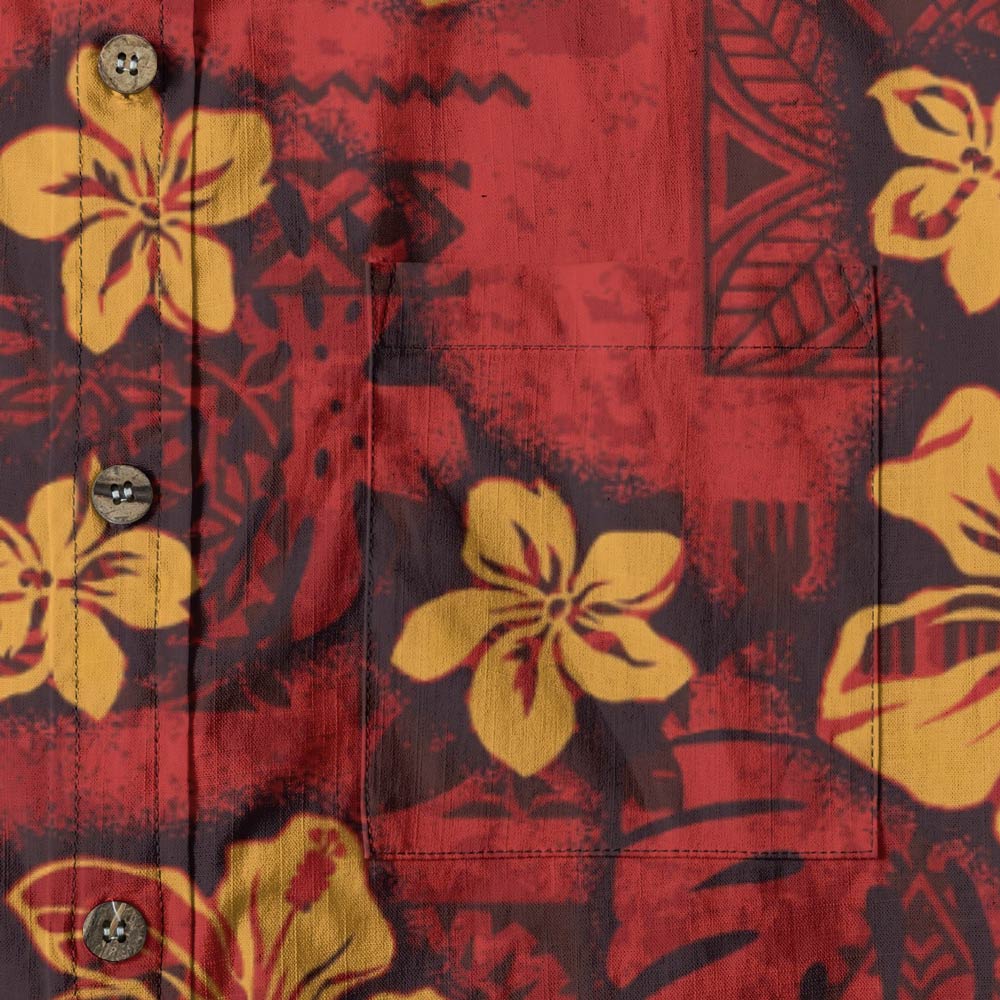 Vintage Red Cotton Men's Button Down Hawaiian Shirt