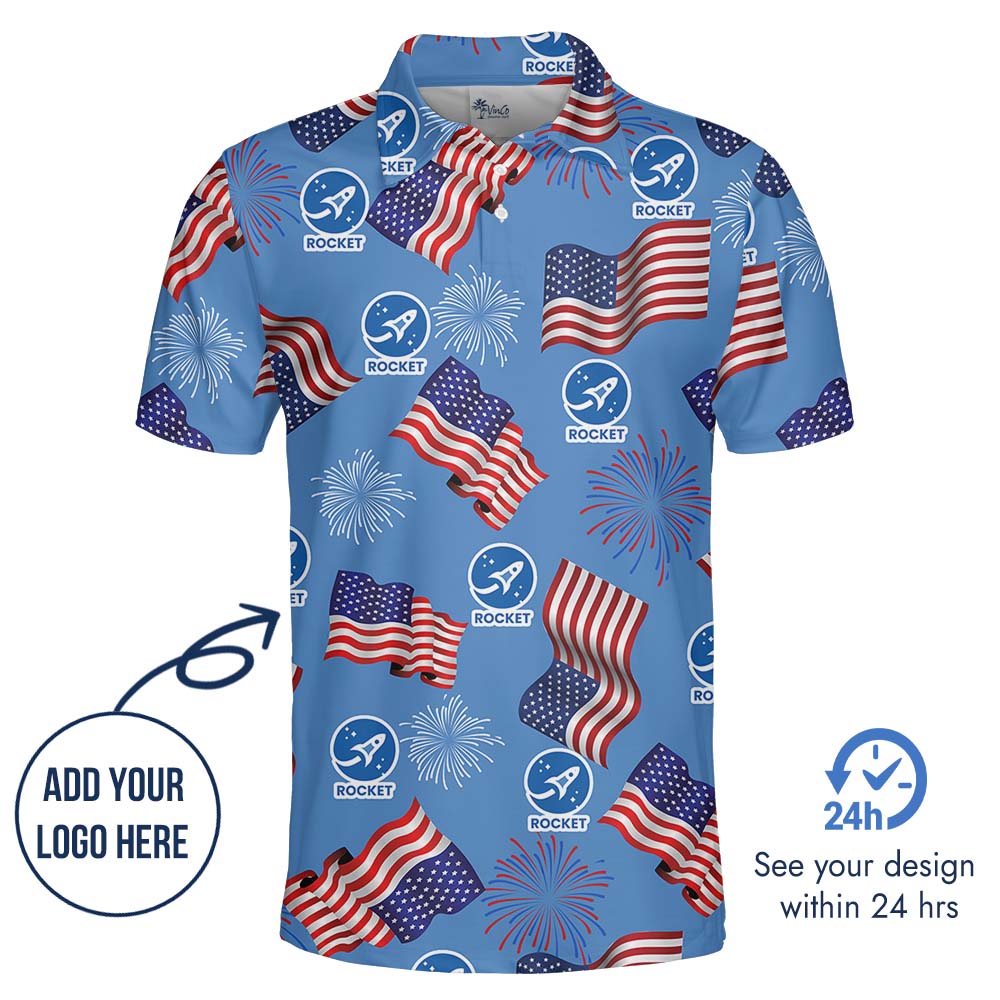 American Flag And Firework Polo Shirt With Custom Photo