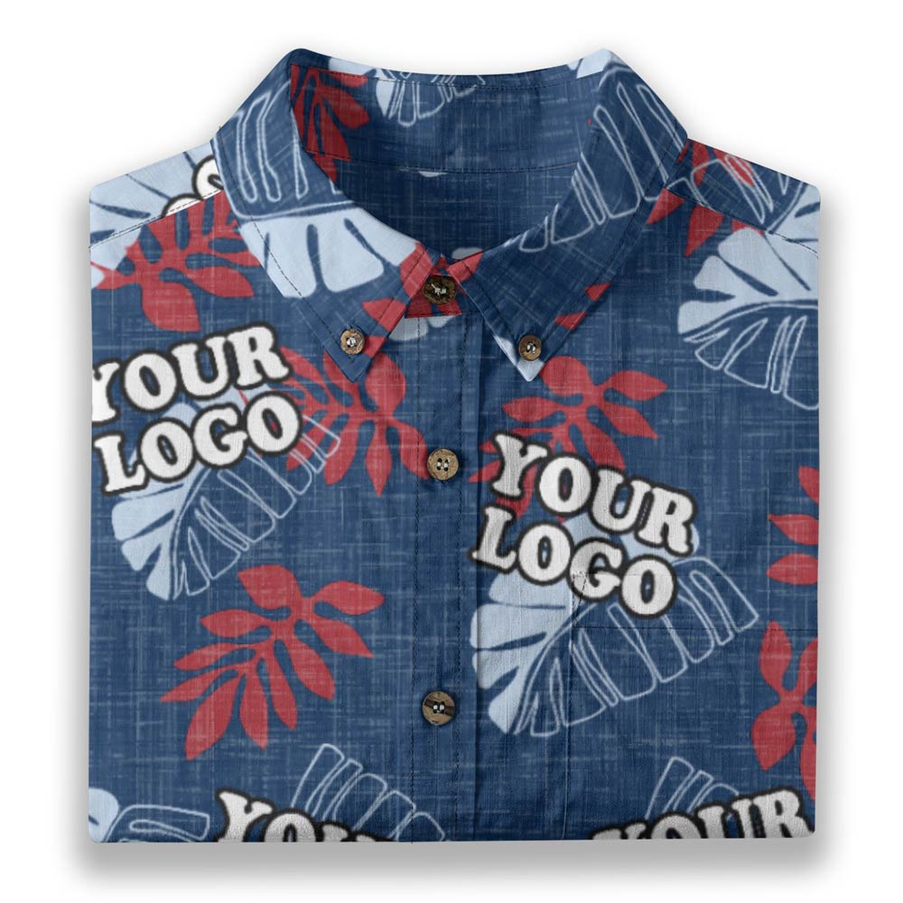 Navy Custom Button Down Cotton Hawaiian Shirt With Company Logo
