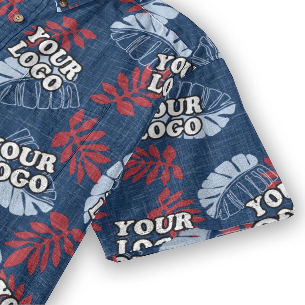 Navy Custom Button Down Cotton Hawaiian Shirt With Company Logo