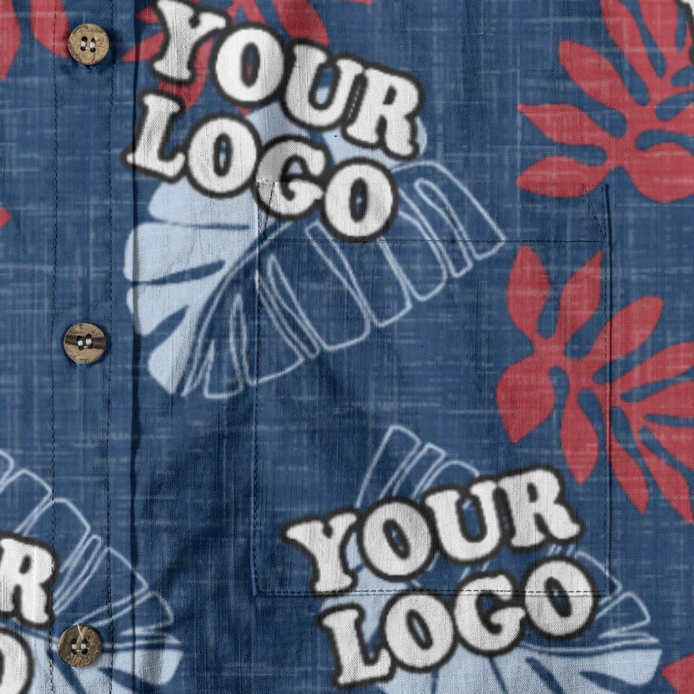 Navy Custom Button Down Cotton Hawaiian Shirt With Company Logo