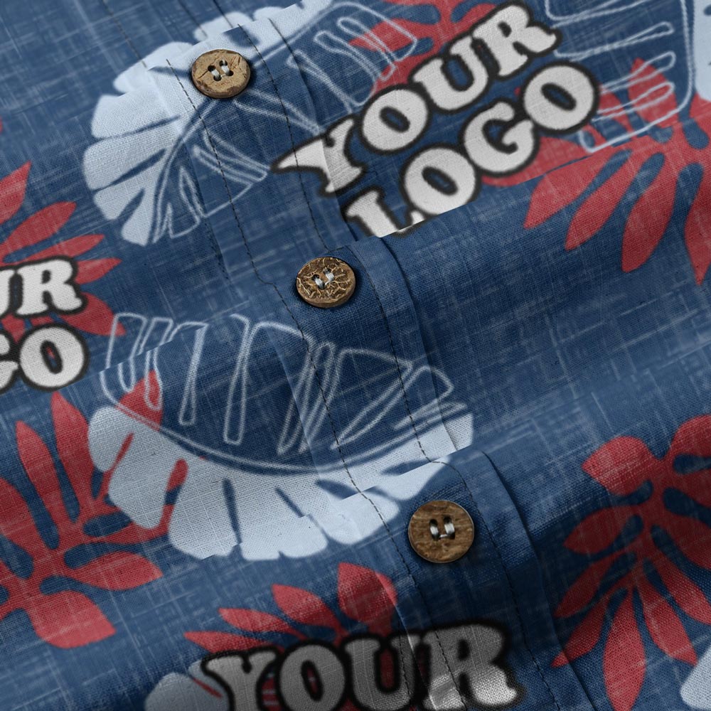 Navy Custom Button Down Cotton Hawaiian Shirt With Company Logo