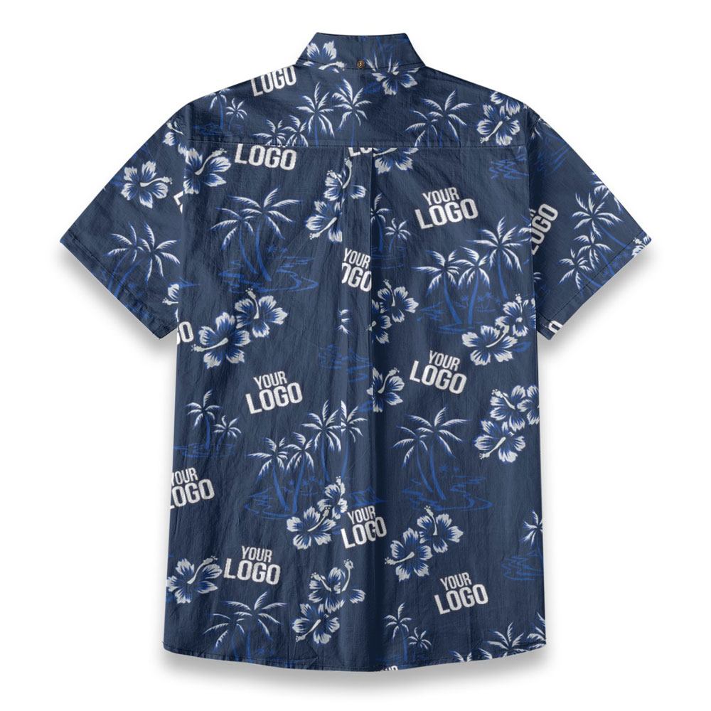 Custom Logo Hibiscus Navy Button Down Hawaiian Shirt Cotton