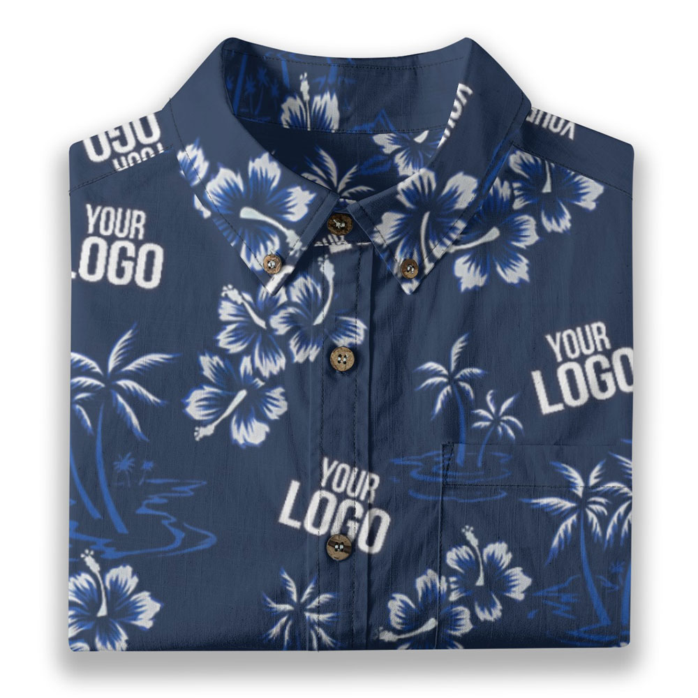 Custom Logo Hibiscus Navy Button Down Hawaiian Shirt Cotton
