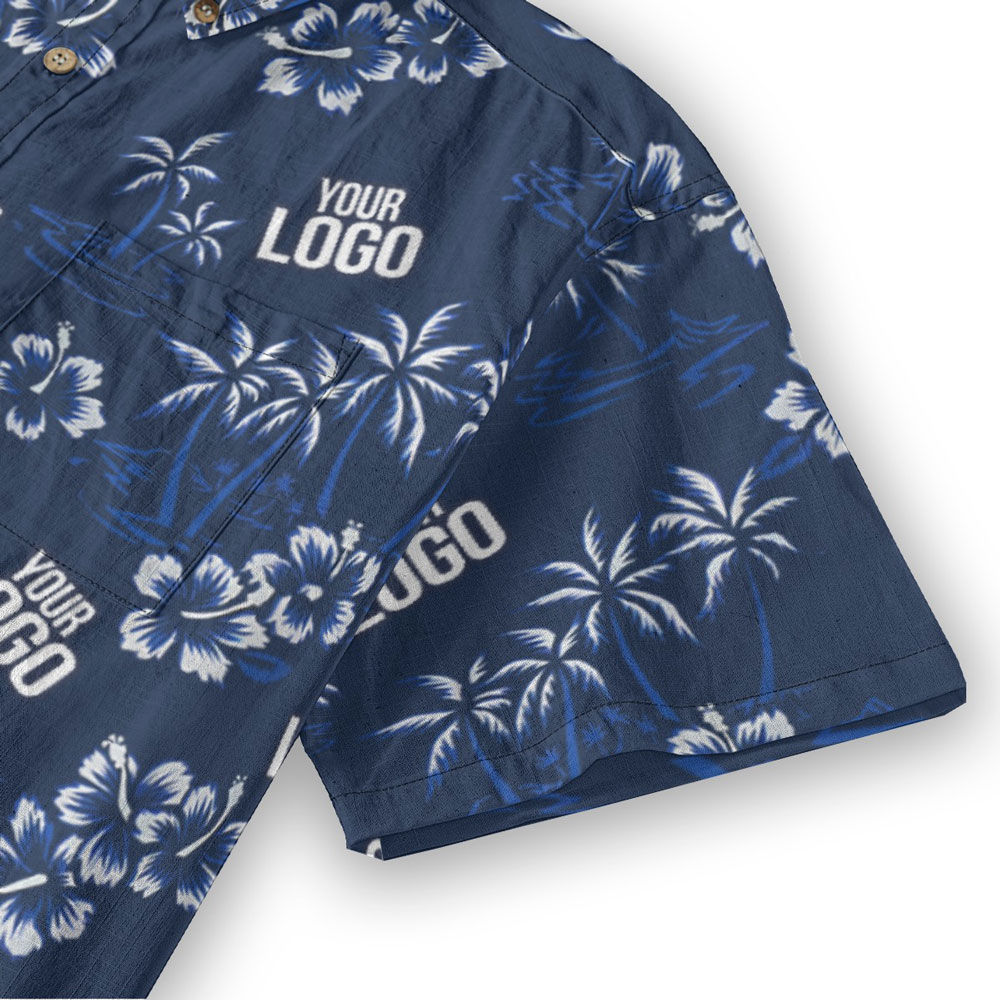Custom Logo Hibiscus Navy Button Down Hawaiian Shirt Cotton