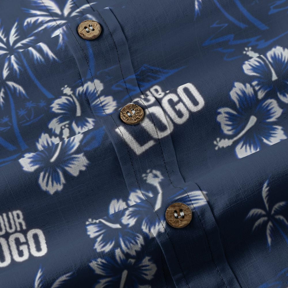 Custom Logo Hibiscus Navy Button Down Hawaiian Shirt Cotton