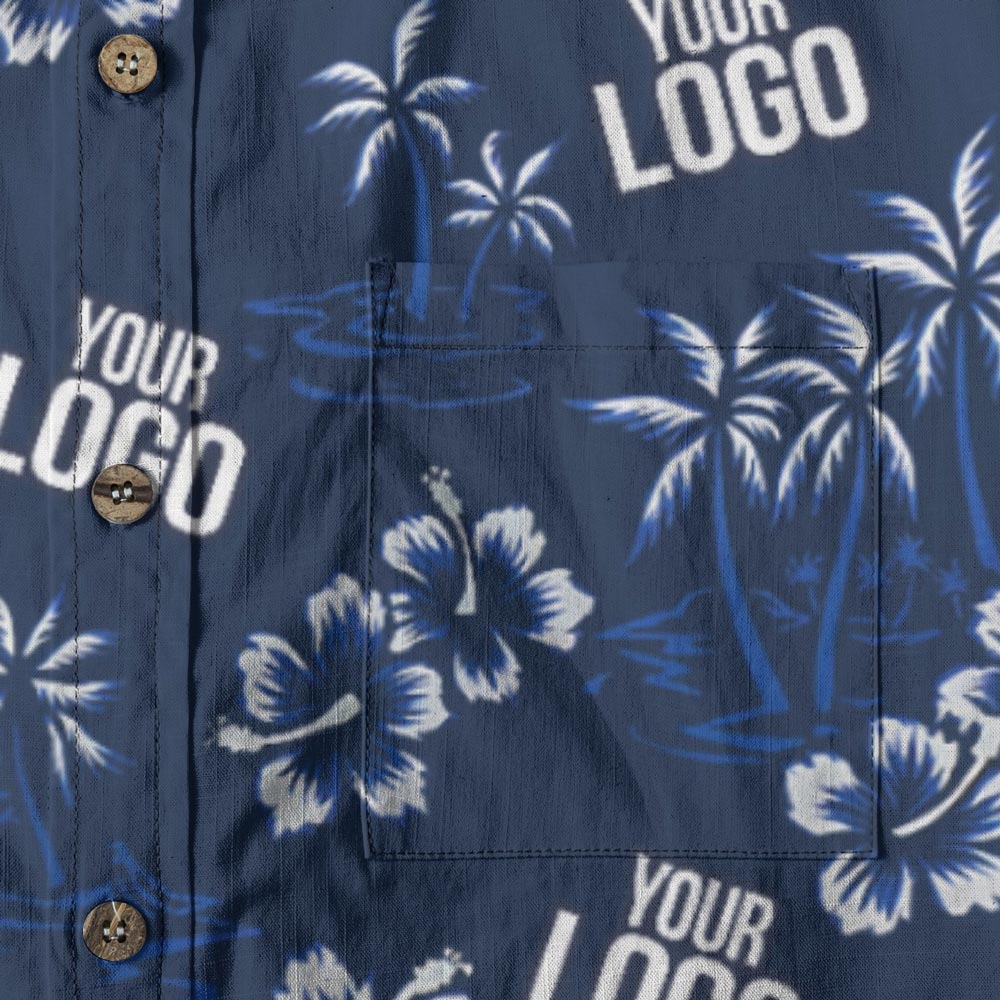 Custom Logo Hibiscus Navy Button Down Hawaiian Shirt Cotton
